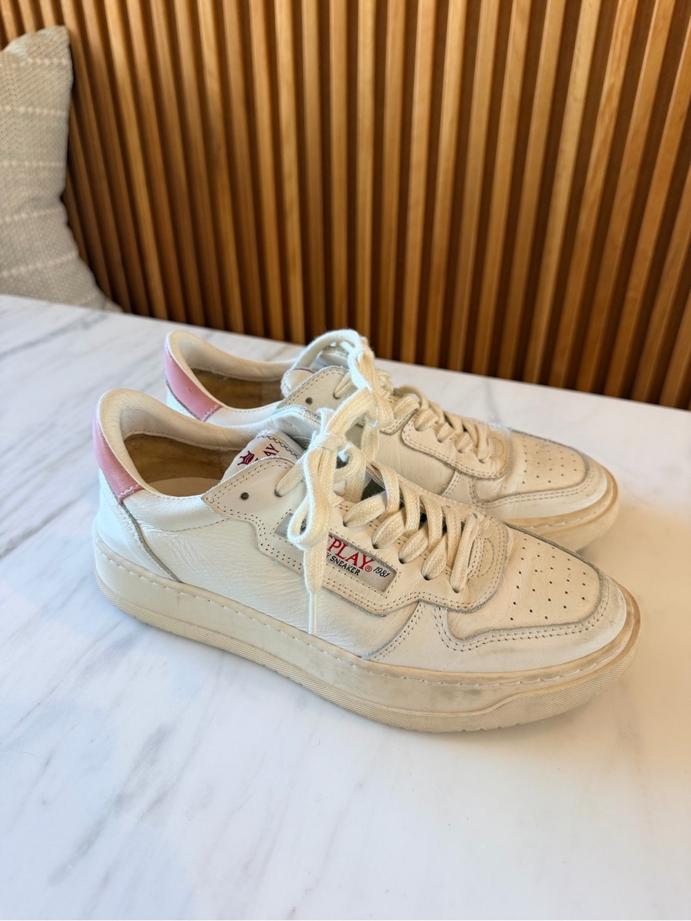 Leather Replay Platform Sneakers in Cream with Pink Heel Accent